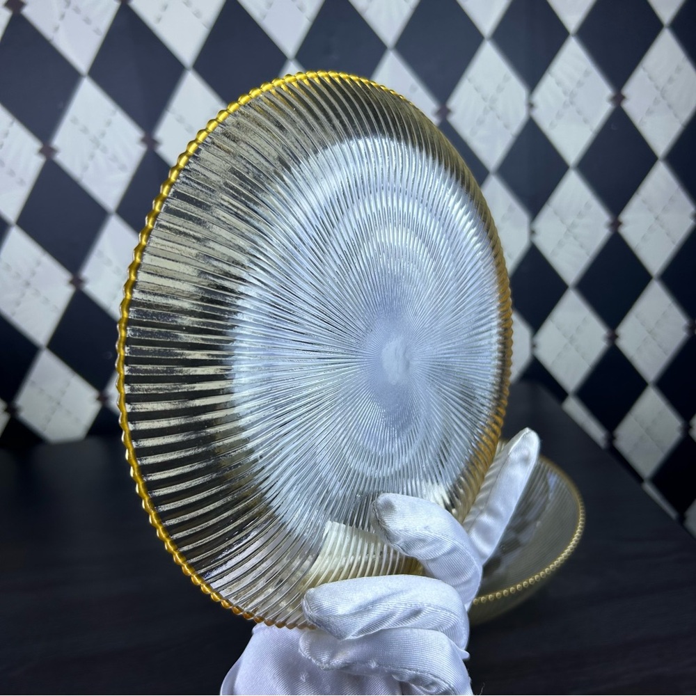 Amber Luster Ribbed Glass Bowl & Plate Set with Gold Rim Contemporary Tablescape - Picture 5 of 13